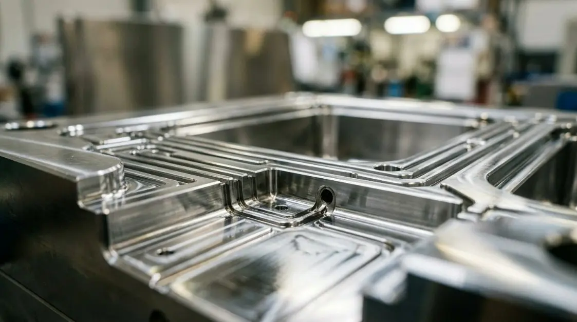 Close-up of a precision-engineered food storage mold showing intricate cooling channels and high-polish surface finishing.